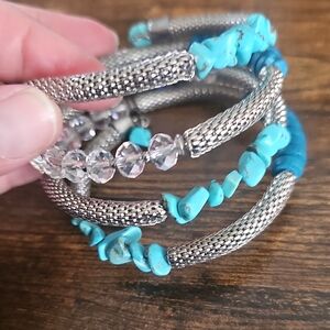 Silver and Turquoise Beaded STRETCH WRAP  Bracelet